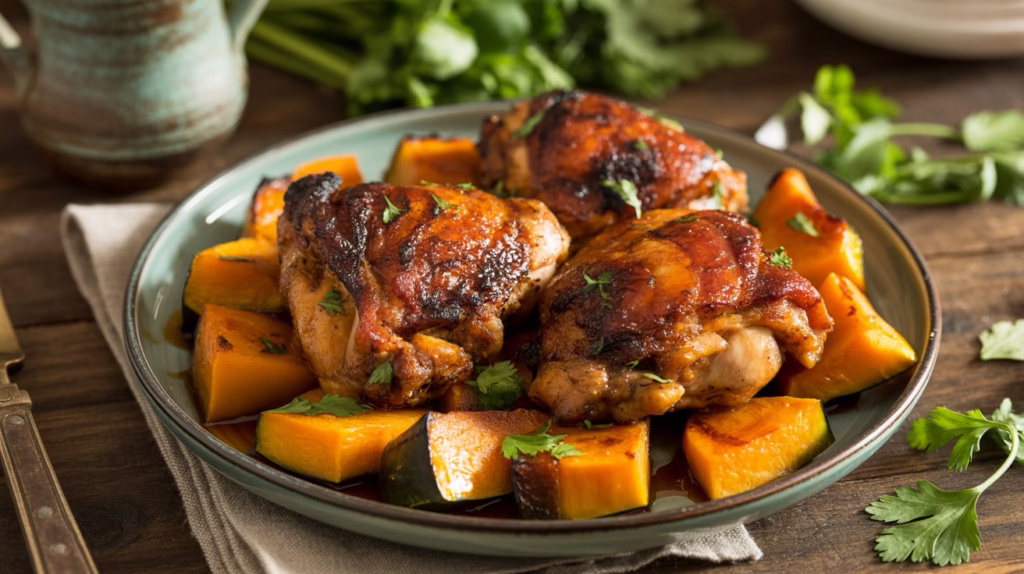A savory dish of three richly glazed Harissa Chicken thighs with crispy skin, served on a bed of roasted butternut squash cubes, garnished with fresh cilantro, and presented on a rustic wooden table.