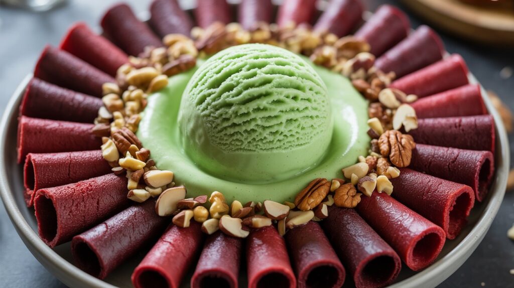 A vibrant and healthy dessert featuring Fruit Leather Rolls lining a glass dessert bowl, filled with a creamy green ice cream smoothie, and generously topped with chopped nuts.