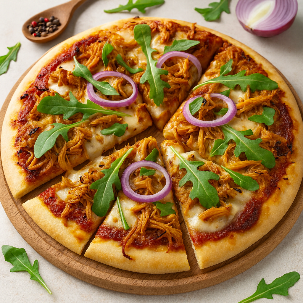 Homemade Jackfruit pizza topped with shredded jackfruit, red onion rings, melted cheese, and fresh arugula on a wooden board.