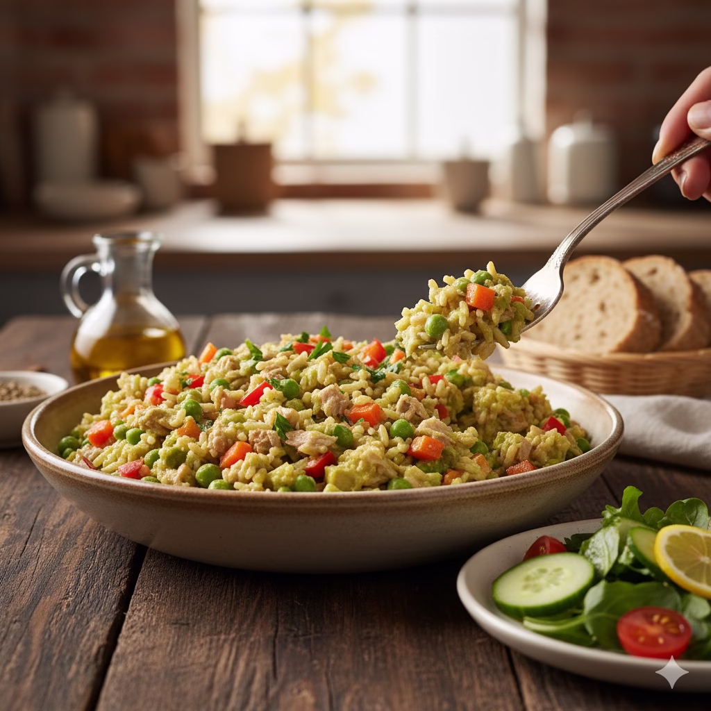 A close-up, horizontal image of a delicious and healthy ground tuna and rice casserole in a rustic white bowl. The casserole is topped with fresh parsley and shows a rich, textured mix of brown rice, ground tuna, diced carrots, corn, and peas, with a creamy, blended avocado sauce visible throughout. Beside the bowl is a small, vibrant salad of mixed greens and cherry tomatoes, and a glass of water. The setting is a clean, modern dining table with soft, natural lighting, highlighting the warmth and wholesome appeal of the home-cooked meal.