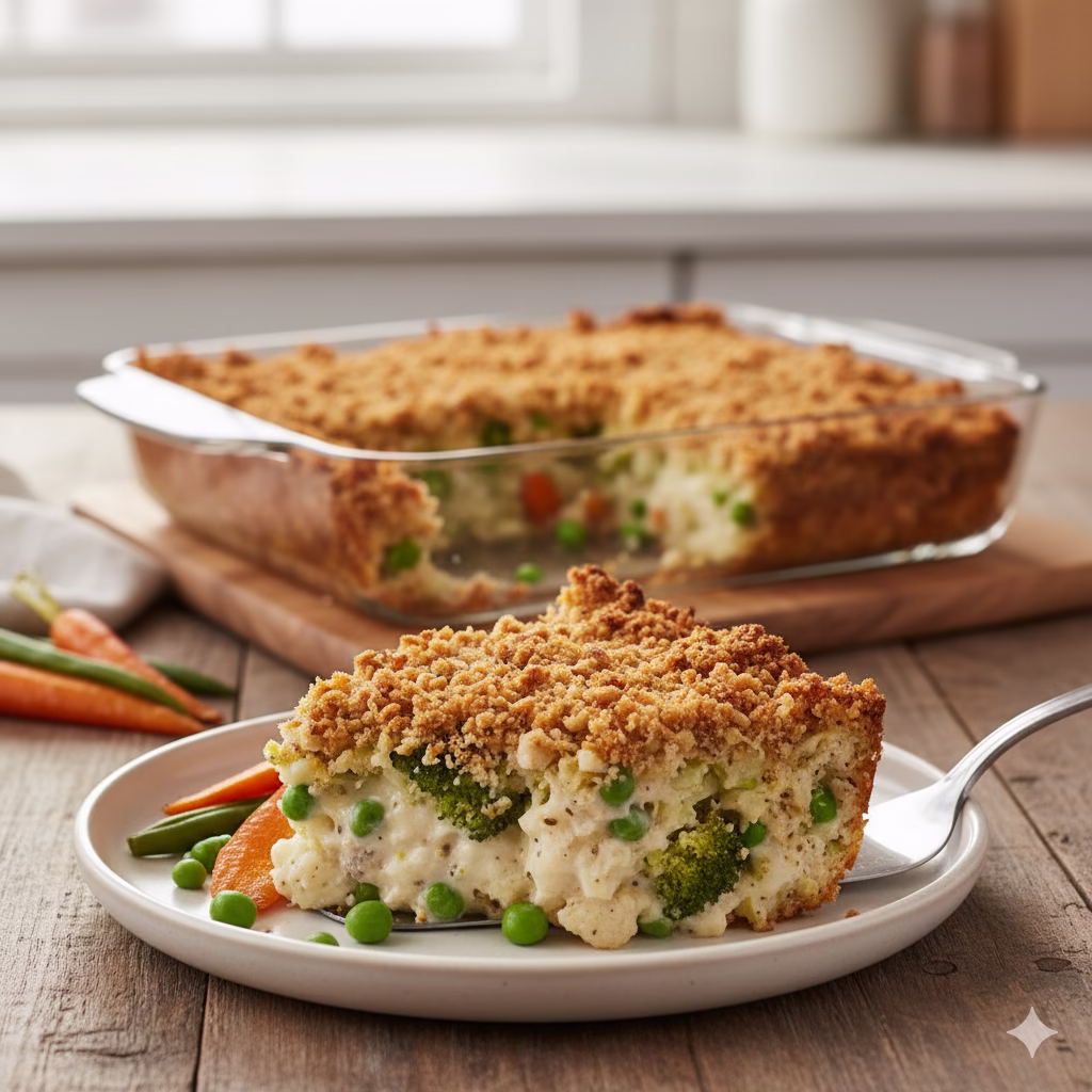 A close-up, of a casserole dish with a bubbling, golden-brown broccoli, cauliflower & peas casserole in the background. In the foreground, a slice of the casserole rests on a white plate, revealing the creamy, vegetable-filled interior. The casserole is topped with a generous layer of homemade breadcrumbs and melted cheese. The lighting is soft and natural, and the background is a light, clean kitchen setting.