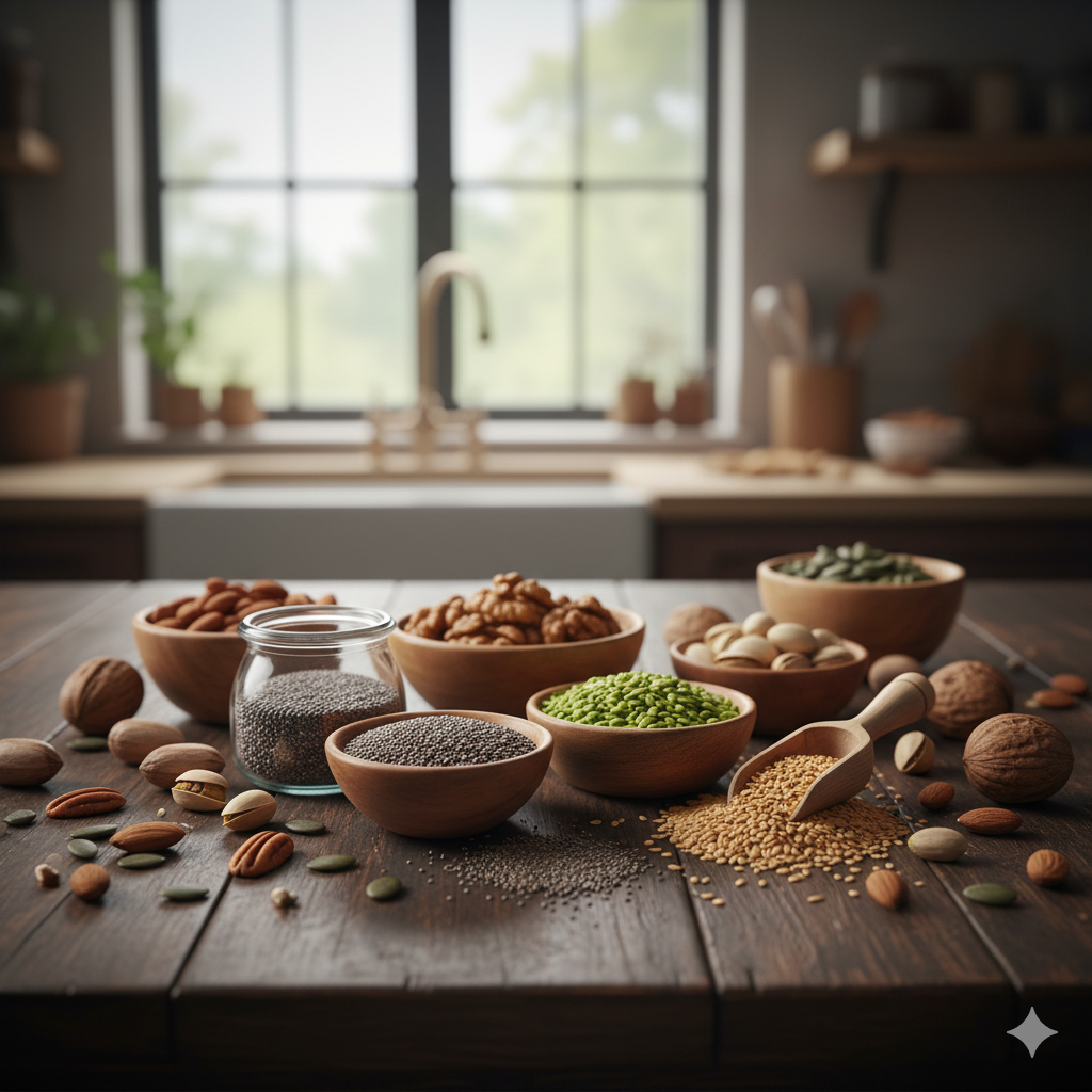 A beautiful display of various whole grains, including oats, popcorn, quinoa, whole wheat pasta, barley, and brown rice, presented in bowls and spread on a rustic wooden table in a bright kitchen, which are all excellent for good digestive health.