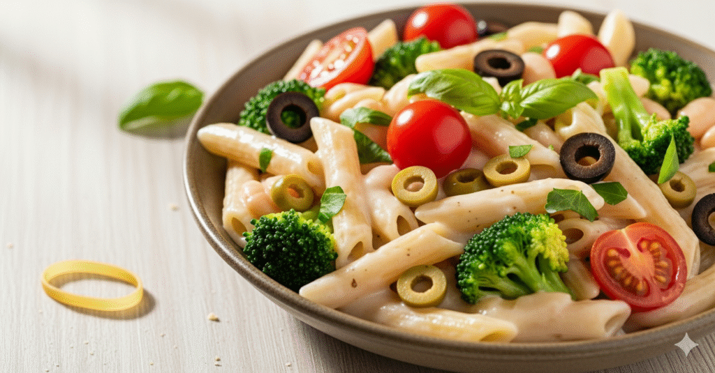 A vibrant bowl of penne pasta coated in a rich, creamy white bean sauce, generously mixed with bright green broccoli florets, halved red cherry tomatoes, and sliced green and black olives, garnished with fresh basil leaves, suggesting a delicious and healthy plant-based meal.