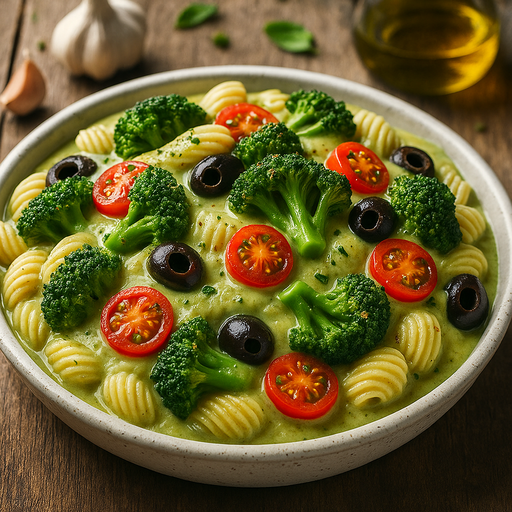 A vibrant bowl of fusilli pasta with bright green broccoli florets, halved cherry tomatoes, black olives, and a creamy green White Bean Sauce, garnished with fresh herbs, on a wooden table.