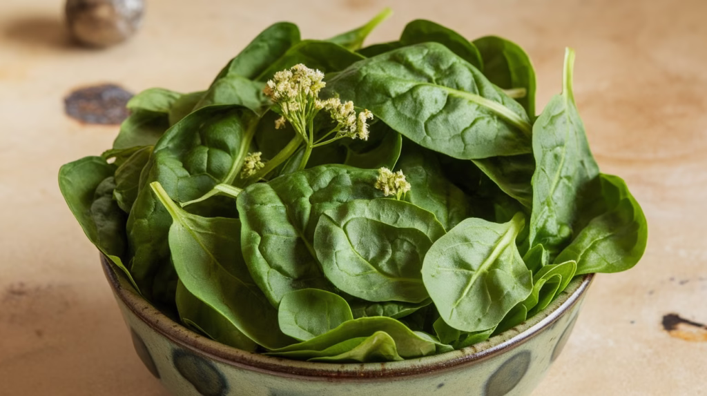 A ceramic bowl overflowing with fresh, vibrant spinach leaves, a classic green superfoods staple.