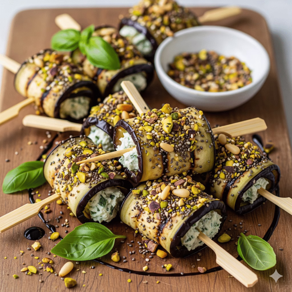 A beautiful close-up of stuffed eggplant rolls on skewers, generously coated with a mix of chopped pistachios, pine nuts, and seeds. The rolls are drizzled with balsamic glaze and garnished with fresh basil, served on a rustic wooden board.