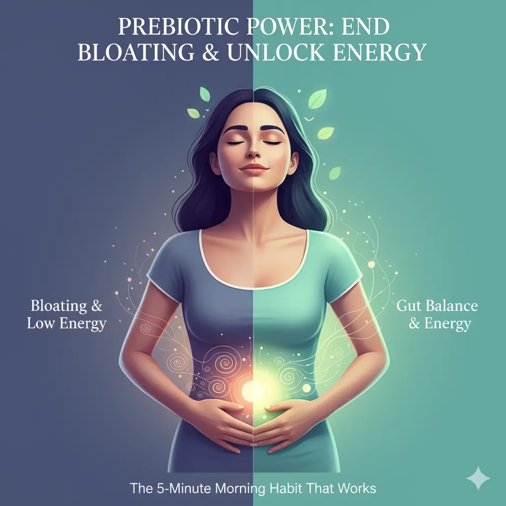 Artistic image of a woman transitioning from bloating and discomfort to feeling energized and balanced, symbolizing the effects of Prebiotic Fiber on gut health.