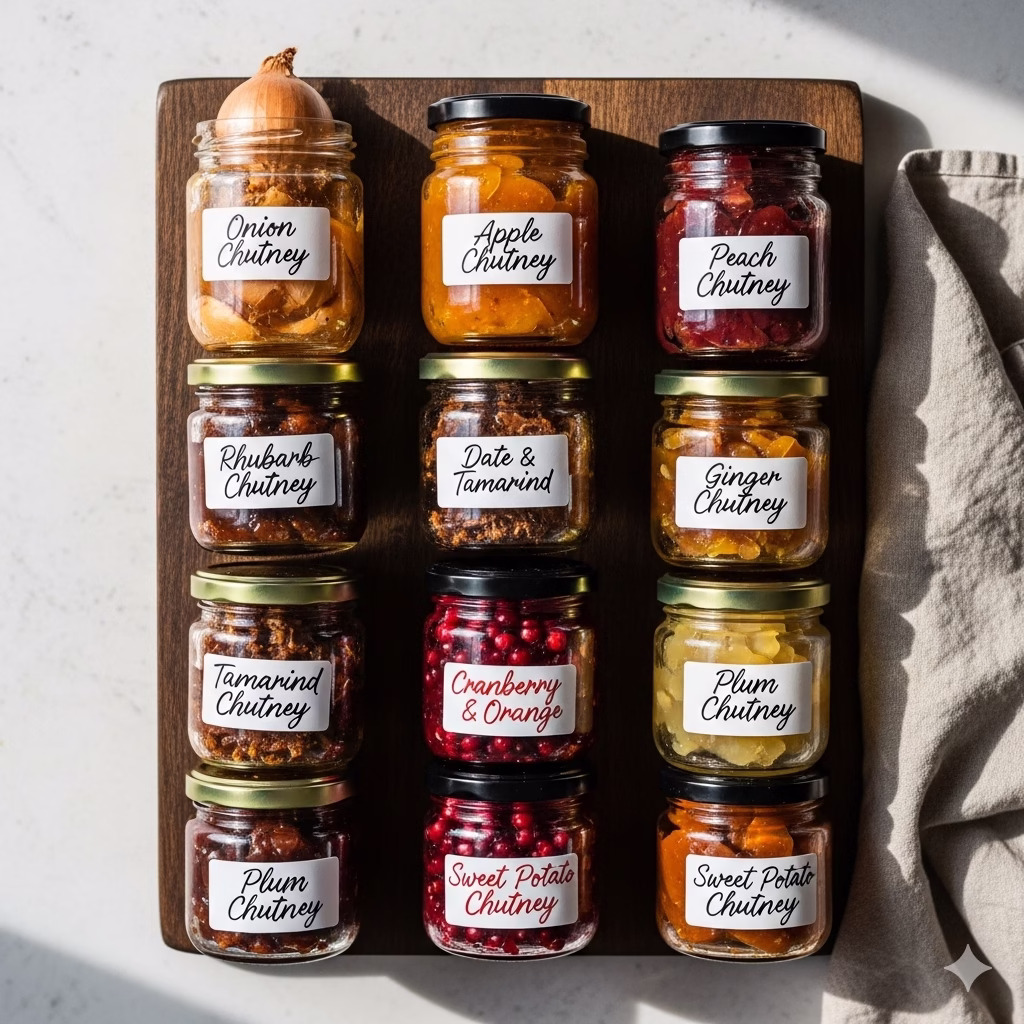 A vibrant top-down image showcasing a variety of homemade chutney recipes in small glass jars, including onion, apple, peach, rhubarb, date & tamarind, ginger, cranberry & orange, and plum chutneys. The jars are arranged neatly on a dark wooden board, with soft, natural lighting highlighting the different colors and textures of the chutneys.