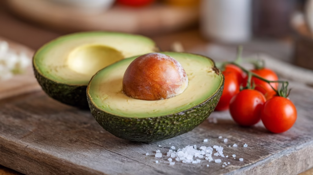 A creamy, ripe avocado cut in half with the large pit visible, displaying the vibrant green flesh, a sprinkle of coarse salt, and a cluster of cherry tomatoes, symbolizing Healthy Fats and fresh ingredients on a rustic wooden cutting board.