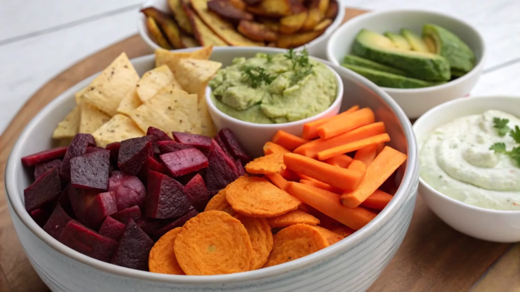 A colorful platter of snacks on a wooden board. The main bowl features a variety of root vegetables, including vibrant red beets, round orange sweet potato chips, and orange carrot sticks. The platter also includes a bowl of tortilla chips, sliced avocado, and two different dips.