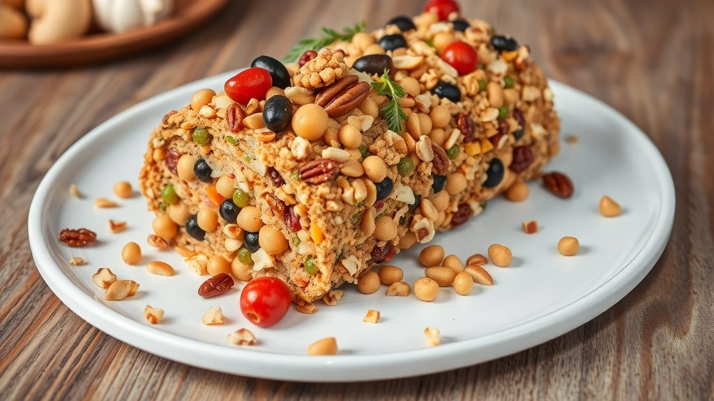 The image shows a Chickpea Antipasto log, covered with nuts and olives.