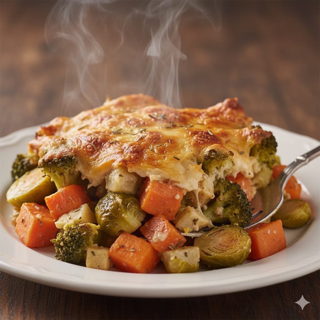 A close-up, eye-level shot of a single serving of a healthy vegetable casserole on a white plate. The dish is steaming, with a fork poised to scoop up the colorful medley of roasted sweet potatoes, carrots, broccoli, and Brussels sprouts. A golden-brown, melted cheese topping sits over the best vegetables, which are tender and perfectly cooked. The background is a soft, dark wood, highlighting the warmth and inviting texture of the meal.