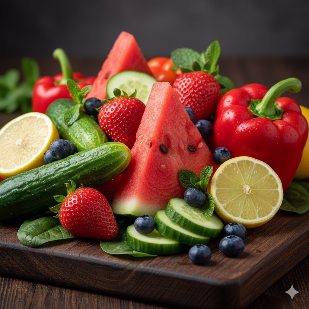A beautiful, close-up arrangement of colorful Water Based Fruit & Veg on a dark wooden cutting board. The pile includes bright red watermelon slices, whole strawberries, sliced cucumbers, fresh blueberries, shiny red bell peppers, and sliced yellow lemons, all looking fresh and vibrant.