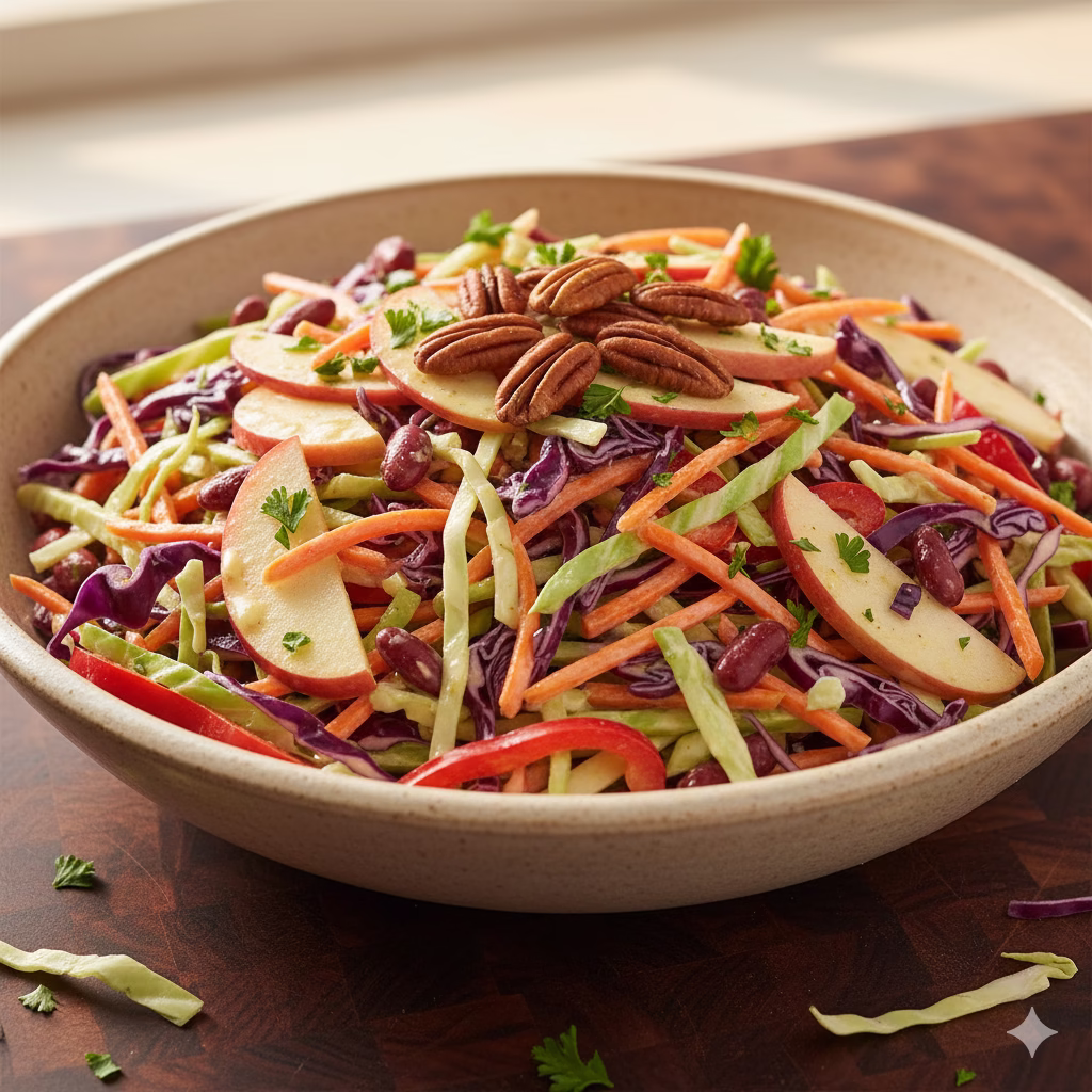 Close-up of a rustic wooden surface displaying all the raw ingredients for Apple-Nut Crunch Slaw, including whole green and purple cabbage heads, red apples (one halved), shredded carrots, red bell peppers, a bowl of rinsed kidney beans, bowls of pecans and walnuts, and small bowls containing Greek yogurt, mustard, and oil for the dressing.
