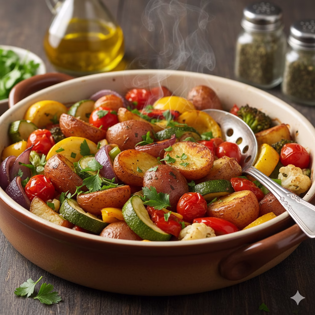 Steaming hot Roast Potato & Veg Casserole in a rustic brown serving dish, garnished with fresh parsley. The dish contains golden-brown roasted potatoes, cherry tomatoes, zucchini, yellow squash, red onions, broccoli, and cauliflower. A silver serving spoon rests in the **casserole**, ready to be served.