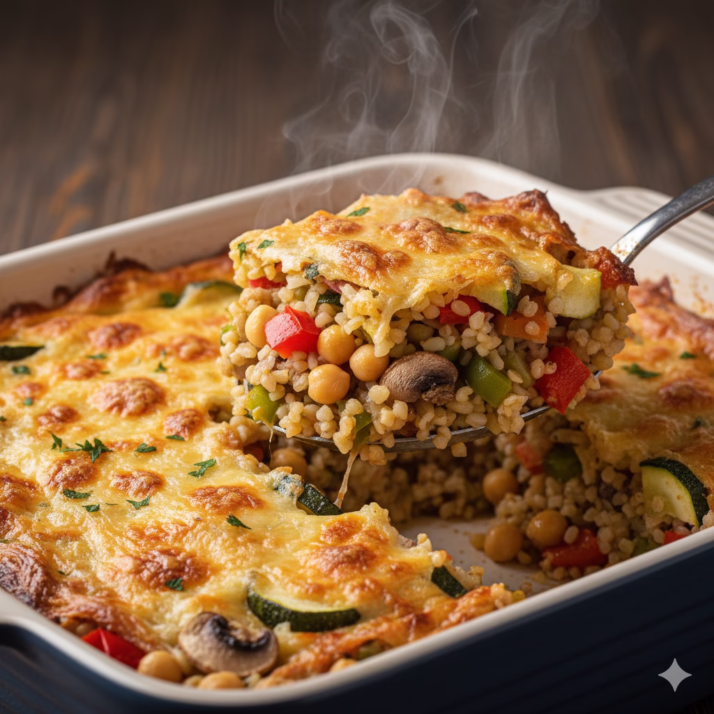 A steaming Bulgur Wheat Casserole served from a baking dish, filled with chickpeas, zucchini, mushrooms, bell peppers, and topped with golden melted cheese.