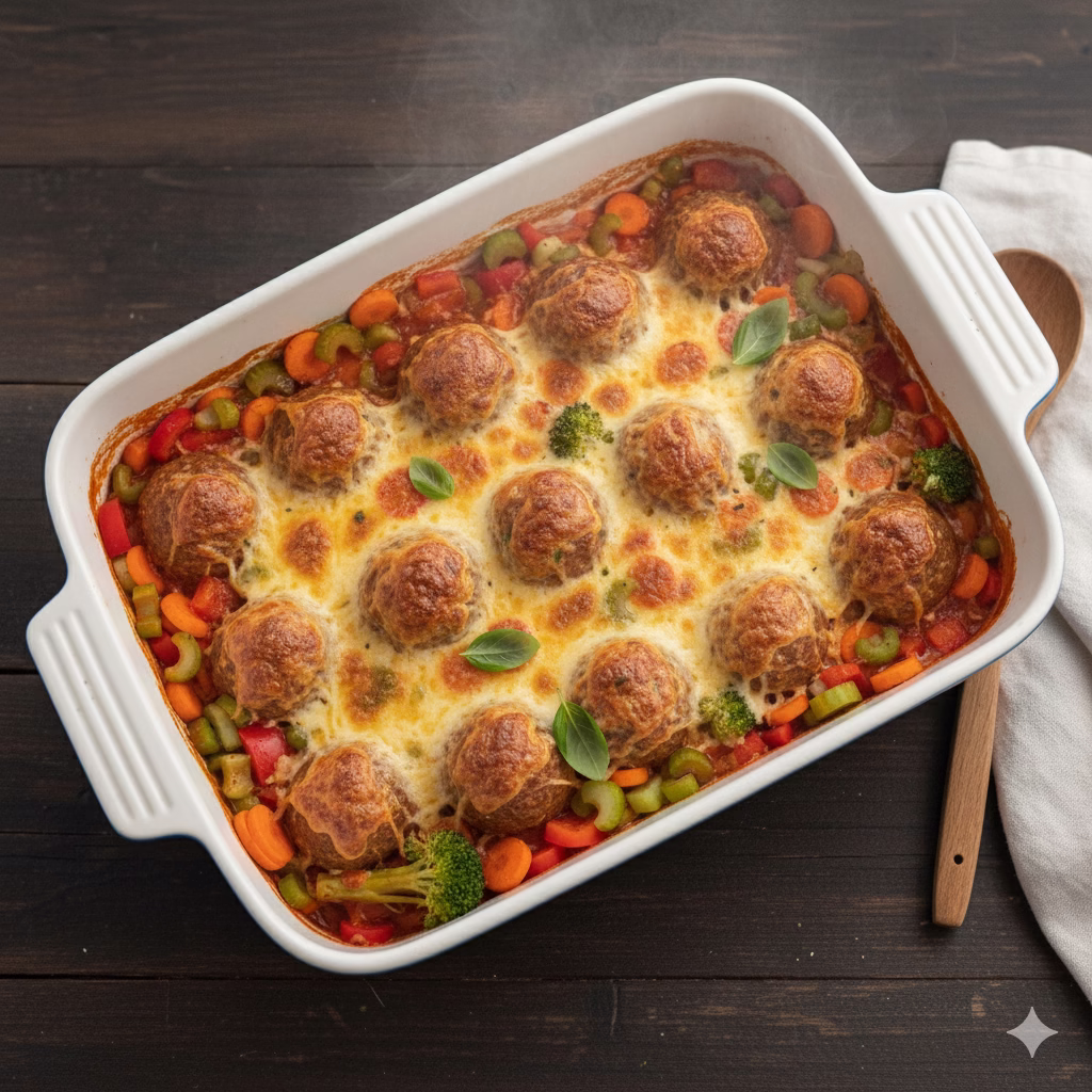 A steaming hot Vegetables With Meatball Casserole baked in a white rectangular dish, fresh from the oven. The top features browned, savory meatballs nestled amongst colorful, tender-crisp vegetables (carrots, celery, broccoli, bell peppers) and covered with melted, bubbly mozzarella cheese. The dish rests on a dark wood table, ready to be served.