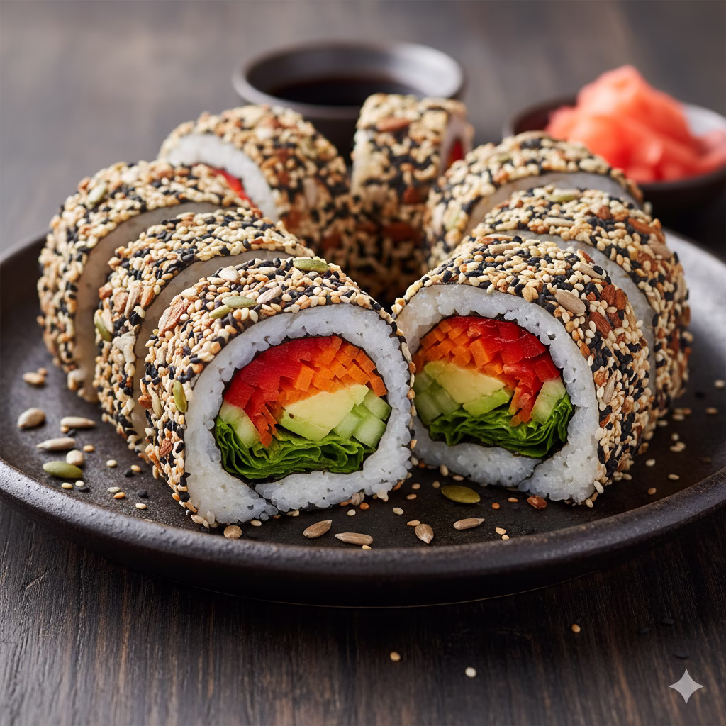 A tight close-up of two large, sliced Veg & Nut-Crusted Sushi rolls arranged on a dark, rustic plate. The rolls are generously coated in a crunchy mix of black and white sesame seeds, sunflower seeds, pumpkin seeds, and chopped nuts. The vibrant cross-section reveals bright fillings including white sushi rice, nori, green lettuce, slices of avocado, julienned cucumber, and striking red and orange bell peppers. Pickled ginger and soy sauce bowls are visible in the soft background.