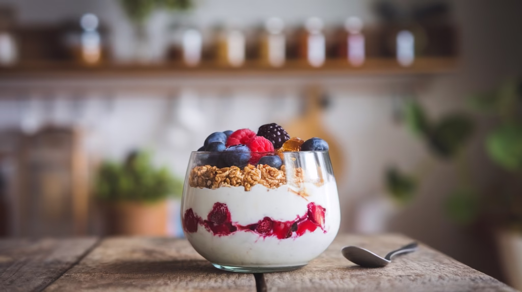 A vibrant, high-protein parfait bowl featuring layers of creamy Greek Yogurt, mixed berries (blueberries, raspberries, and blackberries), and crunchy granola, set on a wooden table in a bright, rustic kitchen.