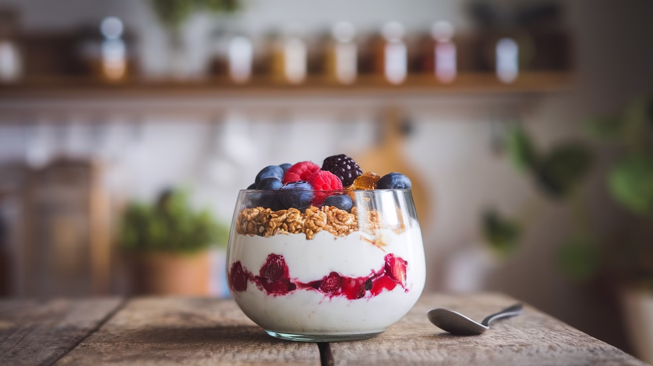 A vibrant, high-protein parfait bowl featuring layers of creamy Greek Yogurt, mixed berries (blueberries, raspberries, and blackberries), and crunchy granola, set on a wooden table in a bright, rustic kitchen.