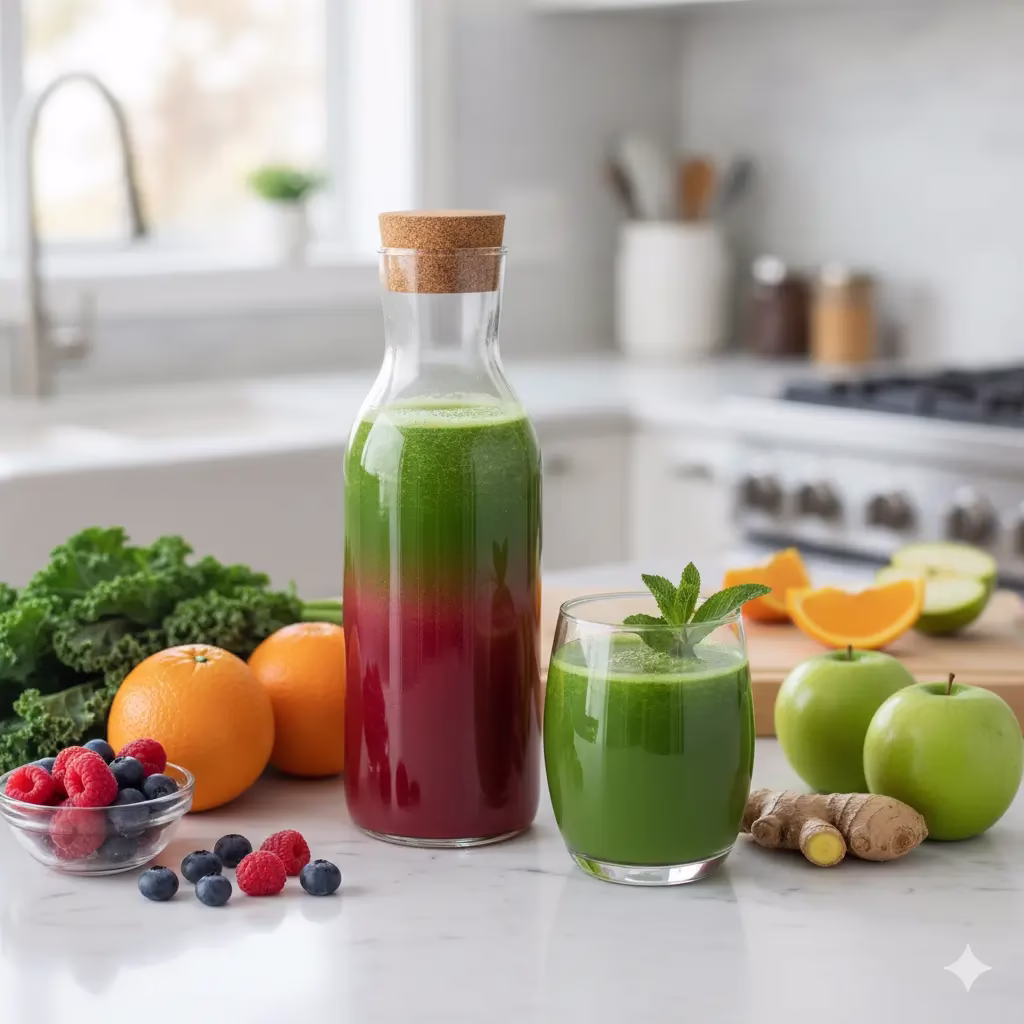 A vibrant array of whole fruits and vegetables, including oranges, apples, spinach, ginger, and carrots, neatly arranged on a dark wooden surface, representing the fresh ingredients for a healthy Natural Fruit Juice.