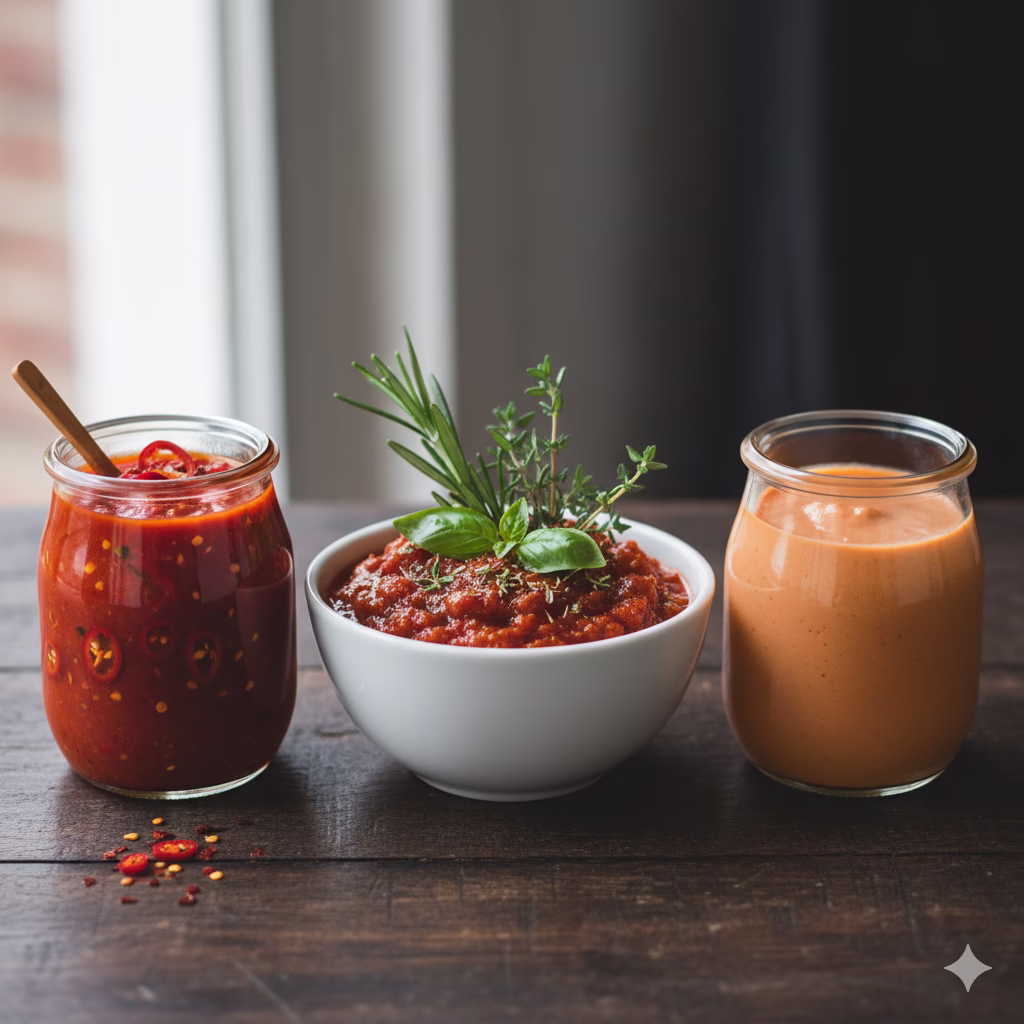 A close-up horizontal shot of three small glass jars filled with different variations of homemade tomato & pepper sauce. The jar on the left contains a vibrant, chunky red sauce with visible chili flakes and slices. The middle jar holds a thicker, herb-infused tomato & pepper sauce in a white bowl, garnished with fresh basil, rosemary, and thyme. The jar on the right contains a smooth, creamy, and light orange tomato & pepper sauce variation. All jars are placed on a dark wood surface with soft, natural lighting from a window.