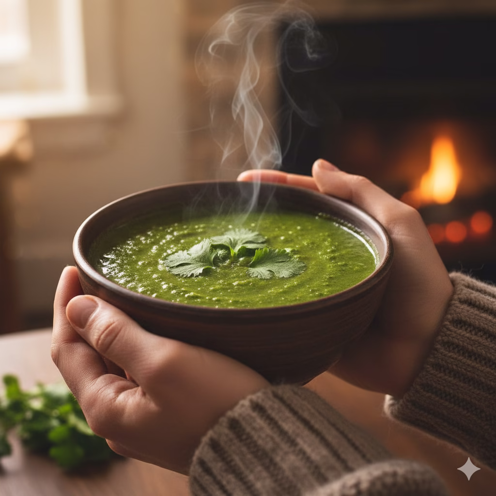 A person's hands, wearing a cozy brown sweater, cradle a warm, steaming bowl of vibrant green Okra Soup, garnished with a sprig of cilantro. A fireplace with a glowing fire provides a soft, inviting light in the blurred background.