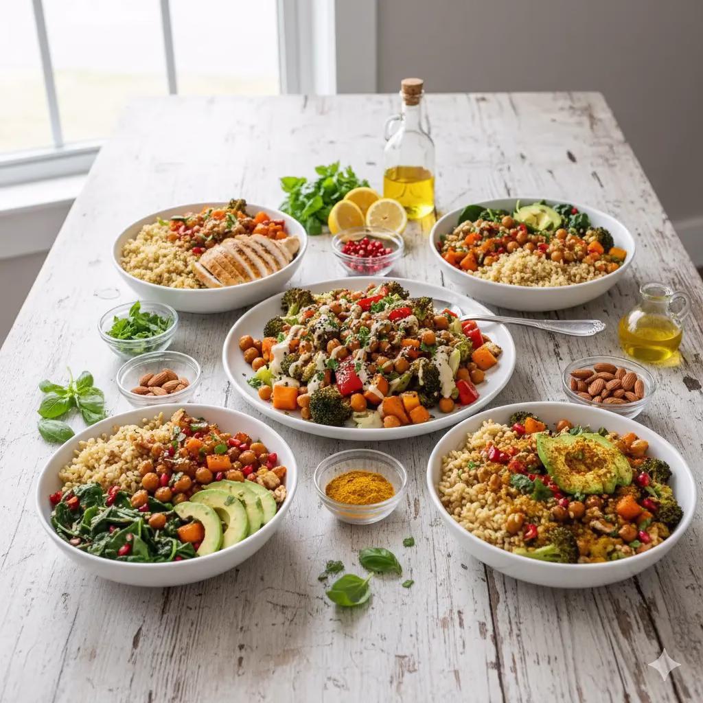 A table displaying several variations of healthy foods to eat daily, including bowls with roasted vegetables, chickpeas, quinoa, grilled chicken, fresh spinach, avocado, and pomegranates, all garnished and ready to eat, with ingredients like olive oil, lemon, almonds, and spices spread around.