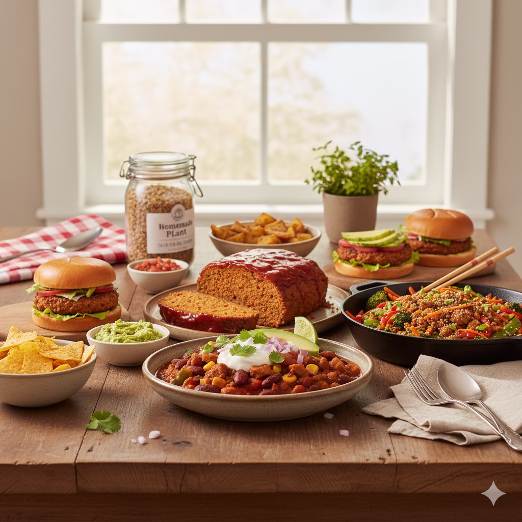 A rustic wooden table is laden with multiple vibrant dishes made from homemade plant based mixes, including two perfectly cooked plant-based burgers, a sliced plant-based meatloaf glazed with sauce, a steaming bowl of chili topped with fresh avocado and cilantro, and a colorful stir-fry with crumbles. Various side dishes like tortilla chips with guacamole and roasted potatoes, along with a jar of the dry mix and fresh herbs, complete the inviting spread by a bright window.