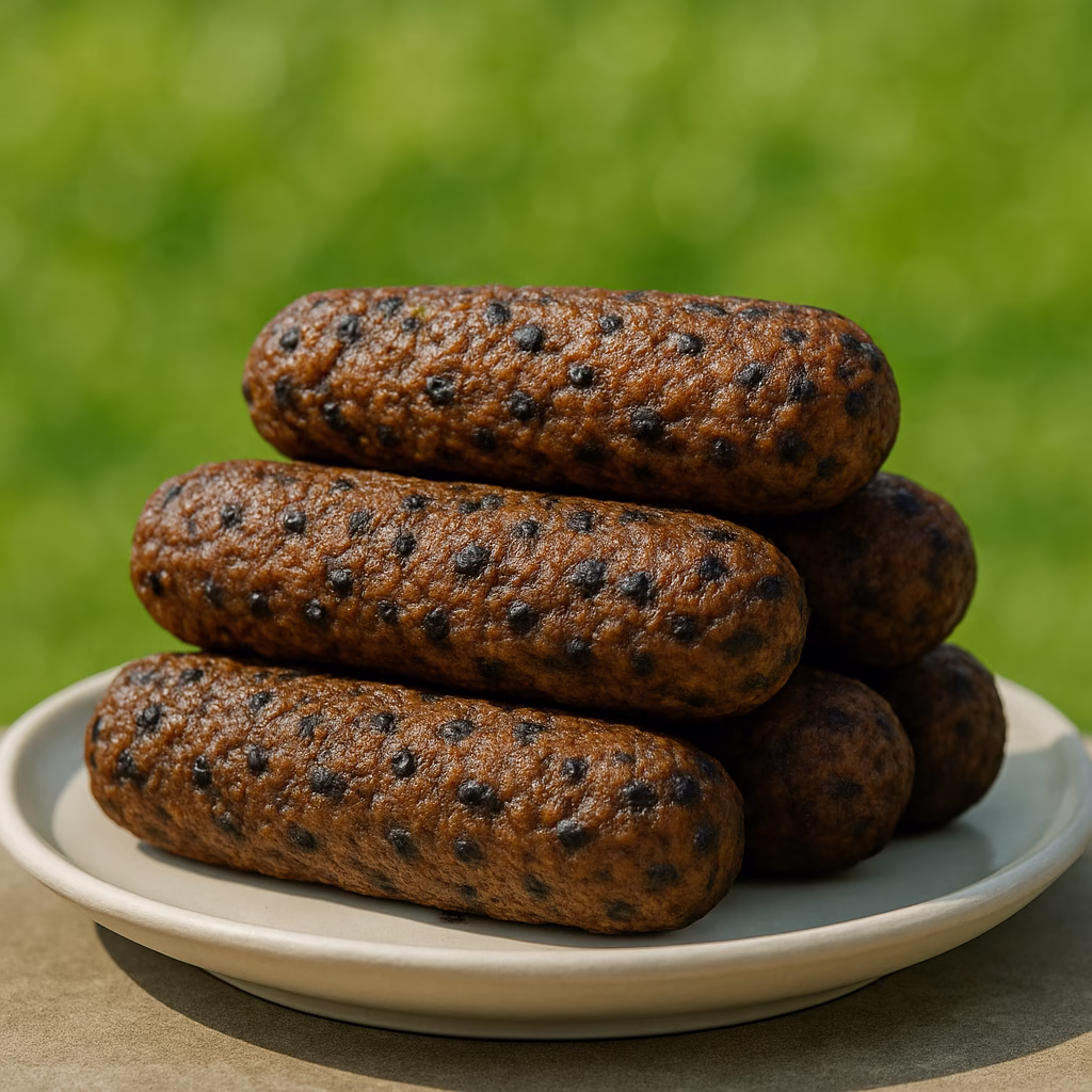 Close-up stack of several sausage-shaped Curried Black Rice and chickpea patties on a neutral plate, showing the dark specks of black rice against the golden curry-spiced mixture, set against a bright, out-of-focus green background.
