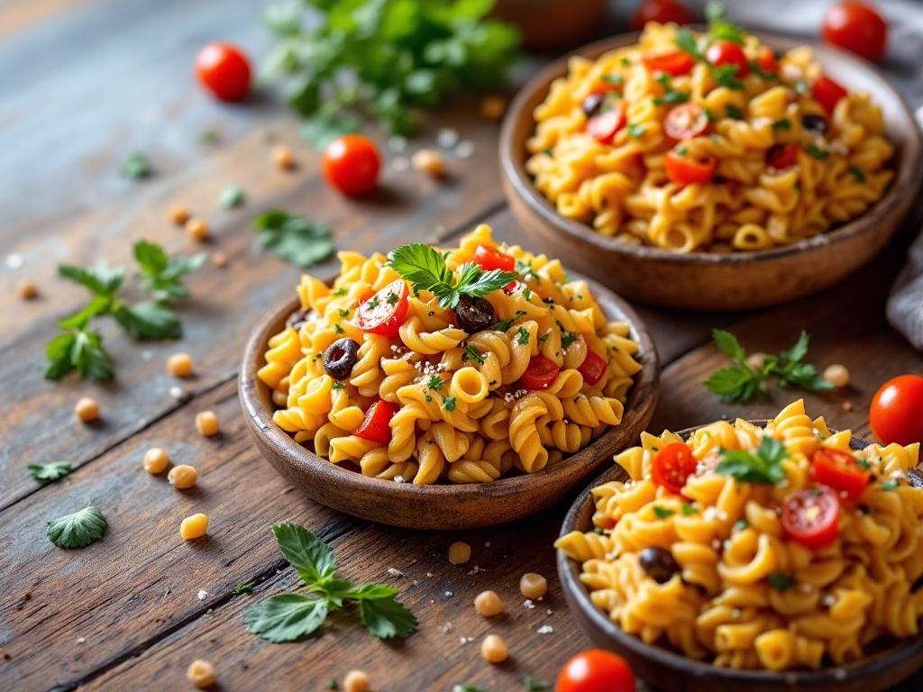 A colorful display of hummus pasta with cherry tomatoes and herbs in wooden bowls.