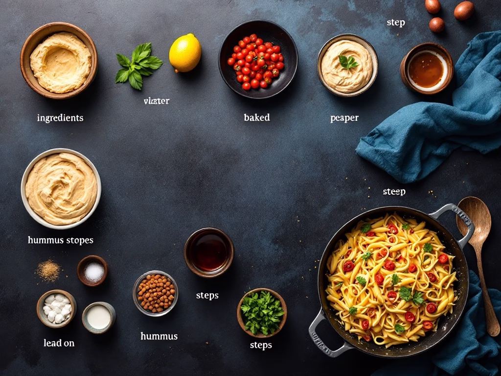 Ingredients and steps for making baked hummus pasta, including hummus, pasta, tomatoes, and herbs.