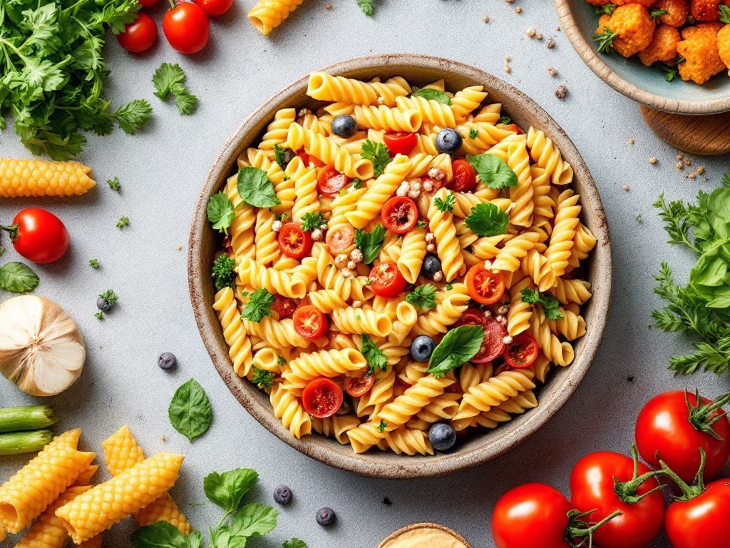 A colorful bowl of baked hummus pasta with fresh vegetables and herbs.