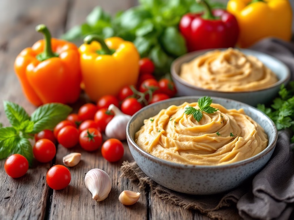 Ingredients for Baked Hummus Pasta including hummus, pasta, bell peppers, cherry tomatoes, garlic, and herbs.