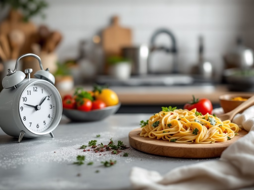 A clock next to a plate of pasta, indicating prep and cook time for a recipe.