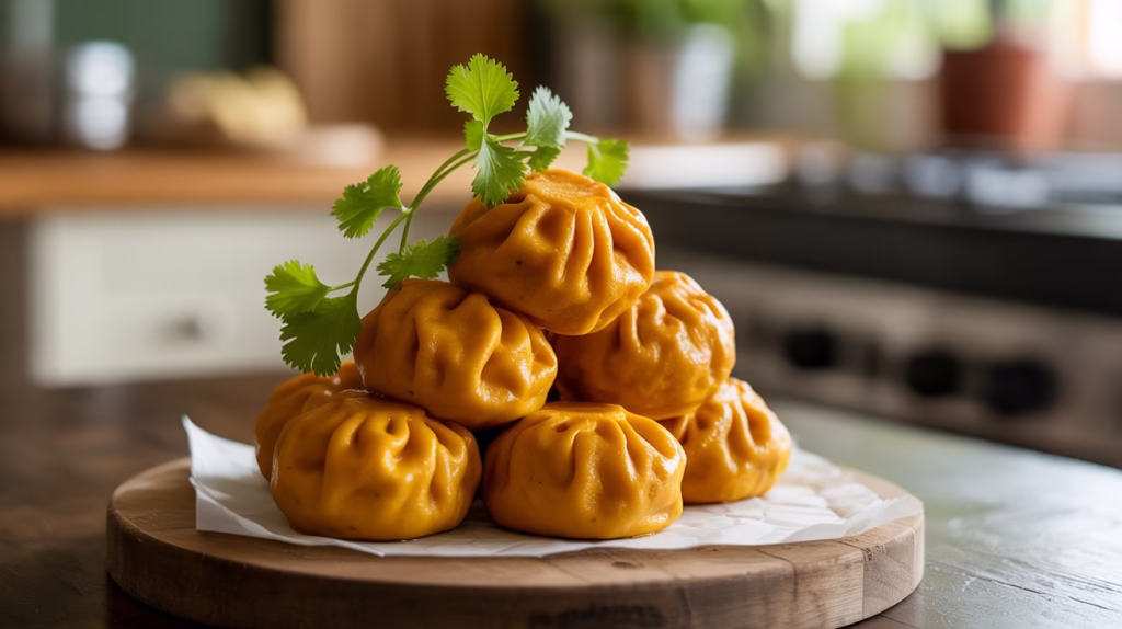 A close-up, horizontal image of a stack of healthy, savory Pumpkin Dumplings on a wooden board. The dumplings have a vibrant, deep orange color and are gathered at the top, showing a visible seal. They are garnished with a sprig of fresh cilantro. The background is a clean, modern kitchen with a stovetop and soft natural light.
