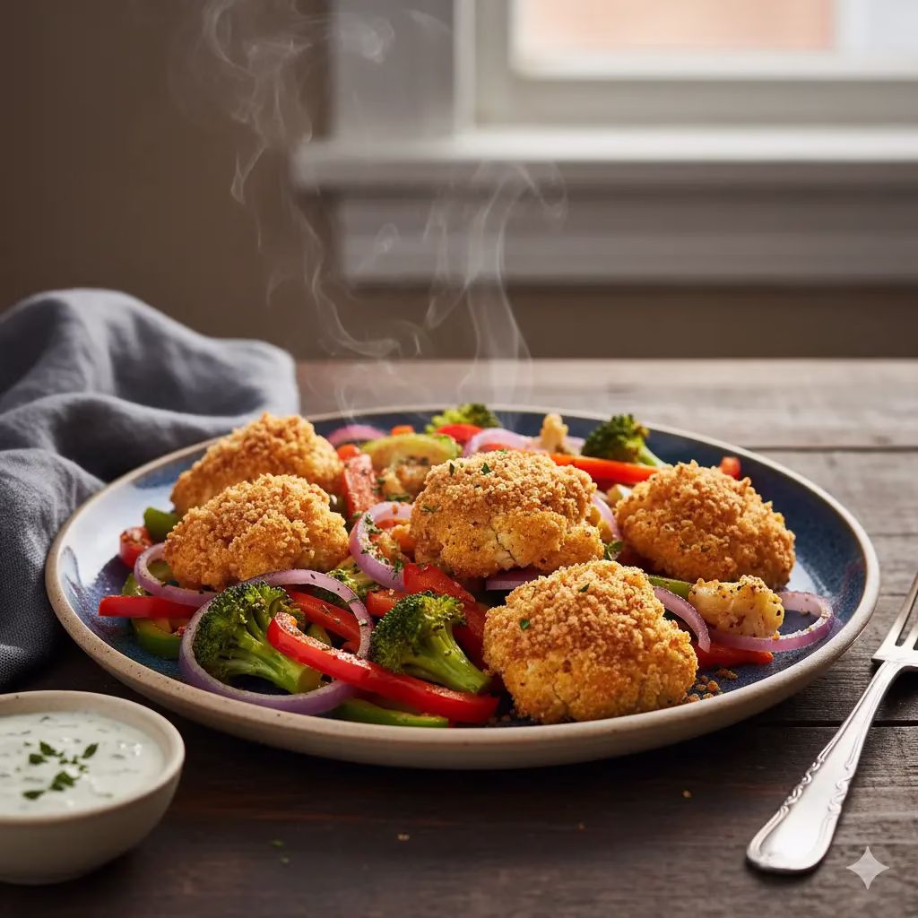 A warm, inviting close-up shot of a round, blue-rimmed serving plate filled with the Best Breadcrumbs for cauliflower and a medley of fresh, colorful vegetables. Golden-brown, breaded cauliflower florets are arranged on a bed of vibrant, cooked vegetables, including red bell pepper strips, green broccoli florets, and thinly sliced red onion. A light wisp of steam rises from the food, suggesting it is hot and fresh. A small bowl of creamy white dipping sauce, garnished with fresh herbs, sits to the left of the plate. A fork rests on the right side of the plate. The background features a simple, dark wood table and a window with soft, natural light filtering in.