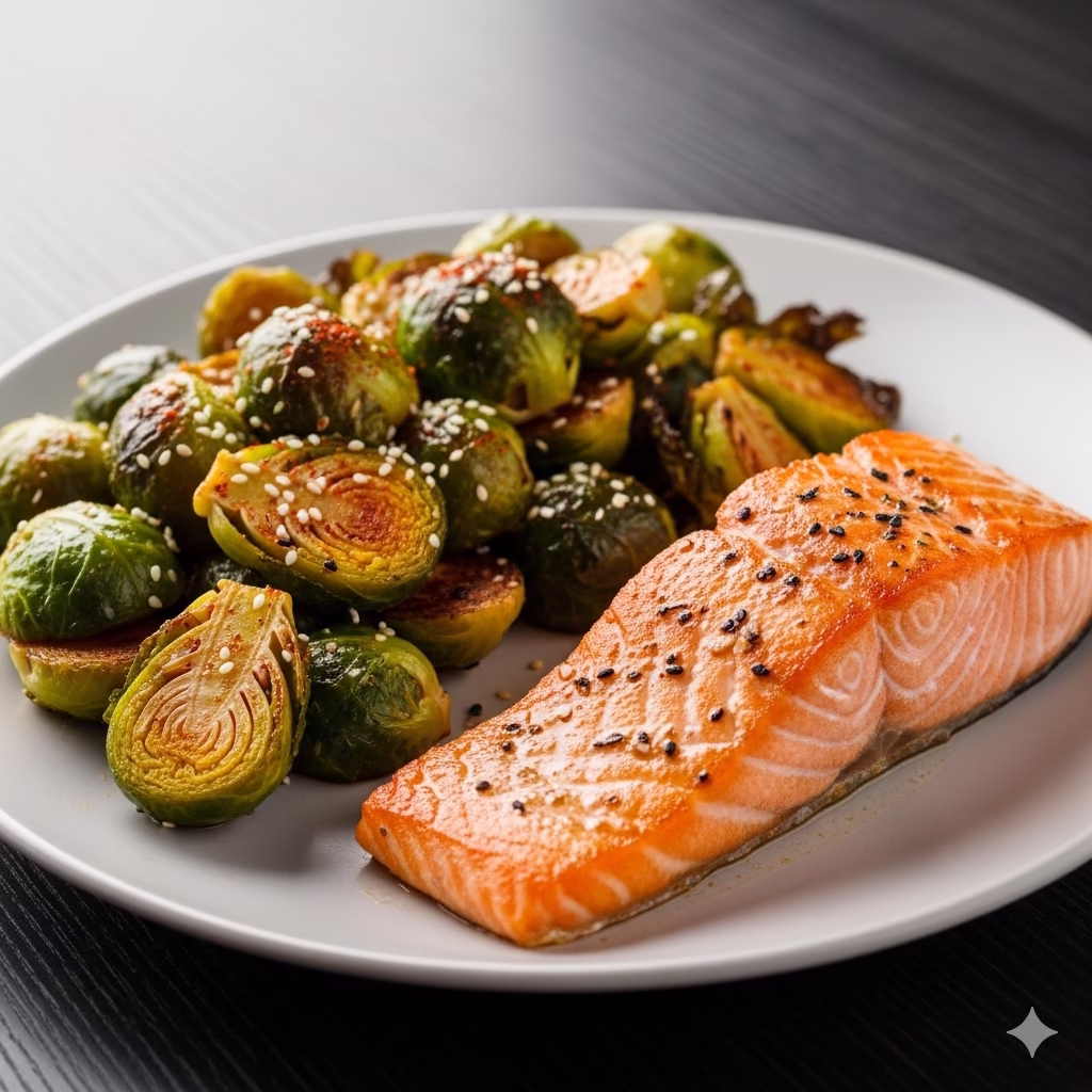 A side-view, close-up shot of a white plate with a main meal. A perfectly seared salmon fillet is in the foreground, next to a generous serving of roasted Brussels sprouts with paprika and sesame seeds. The image is horizontally oriented.