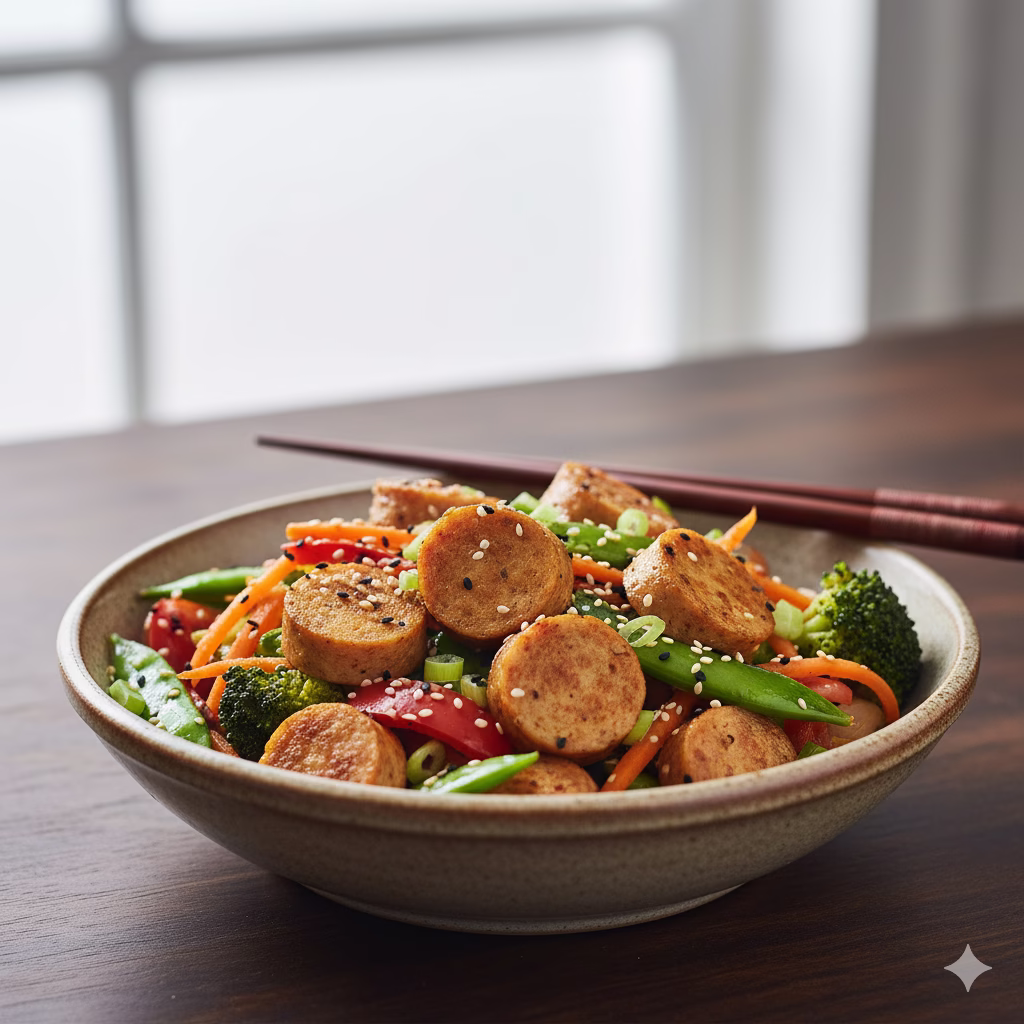 A close-up shot of a bowl filled with perfectly cooked and sliced soya sausages, colorful stir-fried vegetables (like broccoli, snap peas, and carrots), and sprinkled with white sesame seeds. A pair of chopsticks rests on the rim of the bowl, suggesting a healthy and delicious meal of soya sausages.