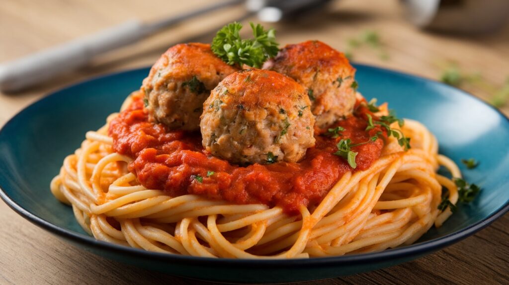 The image shows Spaghetti & Turkey Meatballs on a plate.
