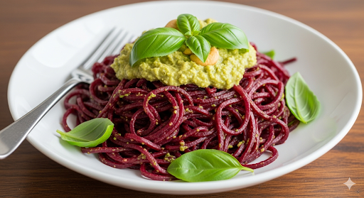 Vibrant spiralized beetroot noodles topped with creamy cashew pesto and fresh basil, showcasing a delicious and healthy pasta swap alternative.