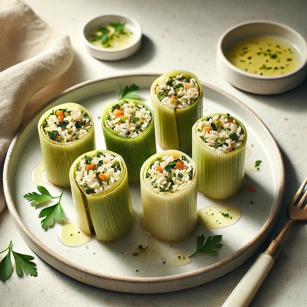 The image shows Stuffed Leek Rolls with herbs and a healthy vinaigrette