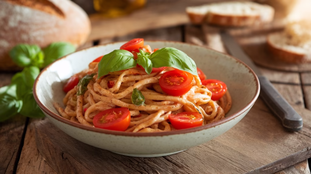 A close-up of a bowl of spaghetti tossed in a light pink sauce, topped with sliced red cherry tomatoes and fresh green Healthy Pasta basil leaves, sitting on a rustic wooden table with a loaf of bread in the blurred background.