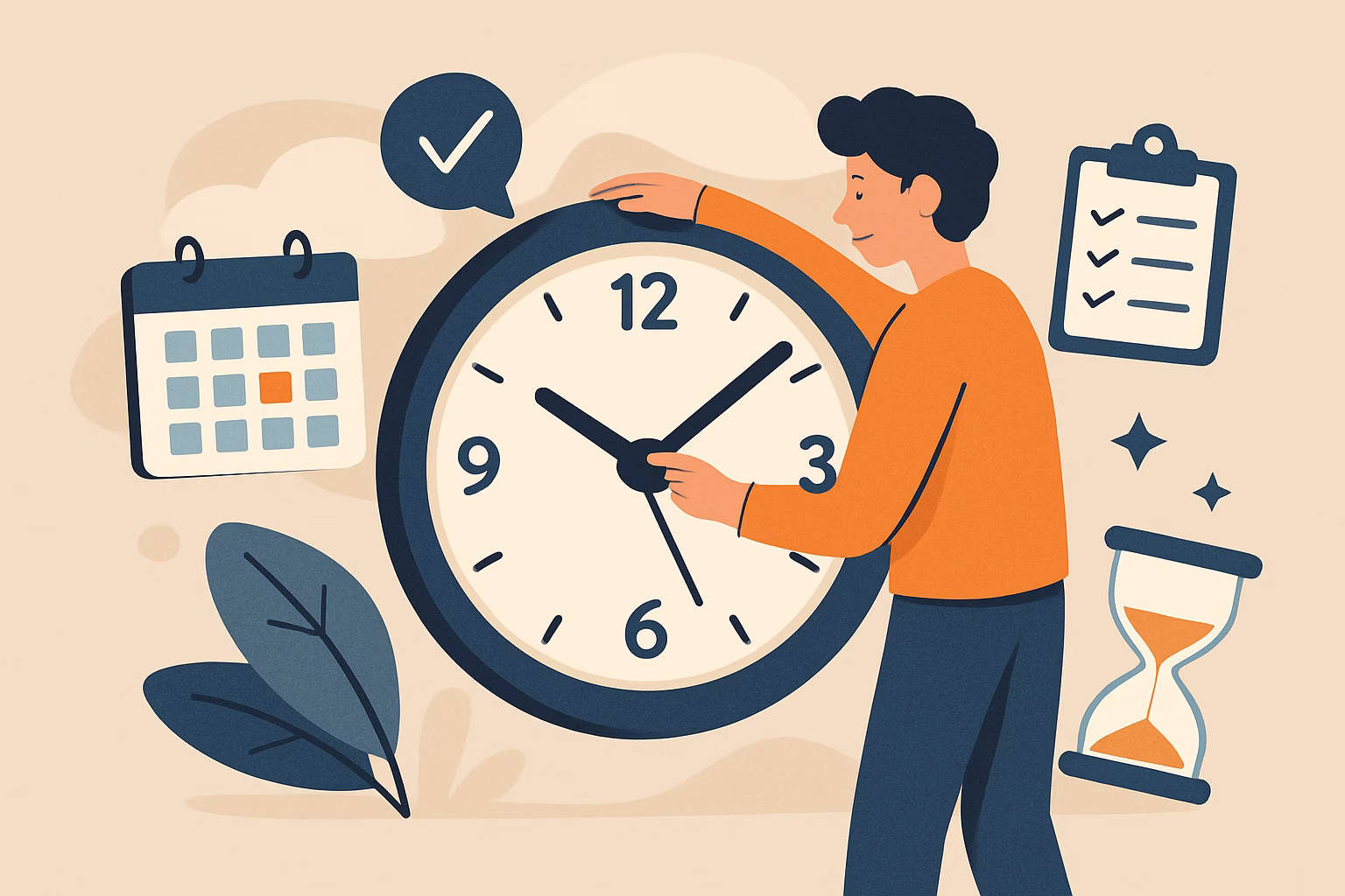 An illustrated person adjusts the hands of a large clock surrounded by a calendar, checklist, and hourglass, symbolizing how to manage time effectively and stay organized.