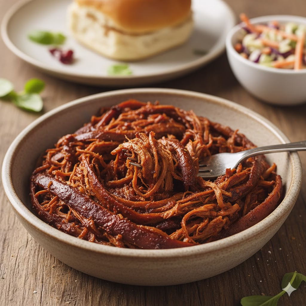 A bowl of savory, shredded vegan "pulled pork" made from seasoned Banana Peels, with a fork scooping some out. A soft bun and coleslaw are blurred in the background, suggesting a complete meal.