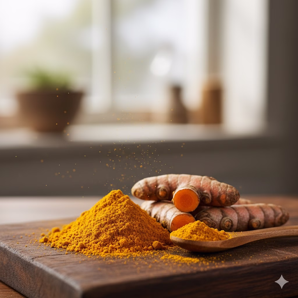 Close-up photo showing a pile of bright yellow turmeric powder next to several freshly cut turmeric roots on a dark wooden cutting board, with sunlight streaming from a window in the background.