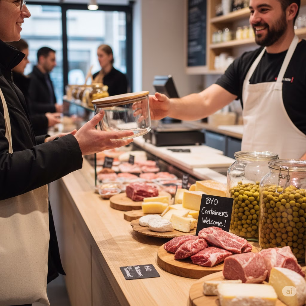 A Zero Waste butcher or deli counter where a customer, wearing a black coat and carrying a cloth tote bag, hands a clean, empty glass container with a wooden lid to a smiling male staff member wearing an apron. The counter displays various cuts of meat, cheeses, and bulk olives in large glass jars, with small signs that read, "BYO Containers Welcome!"