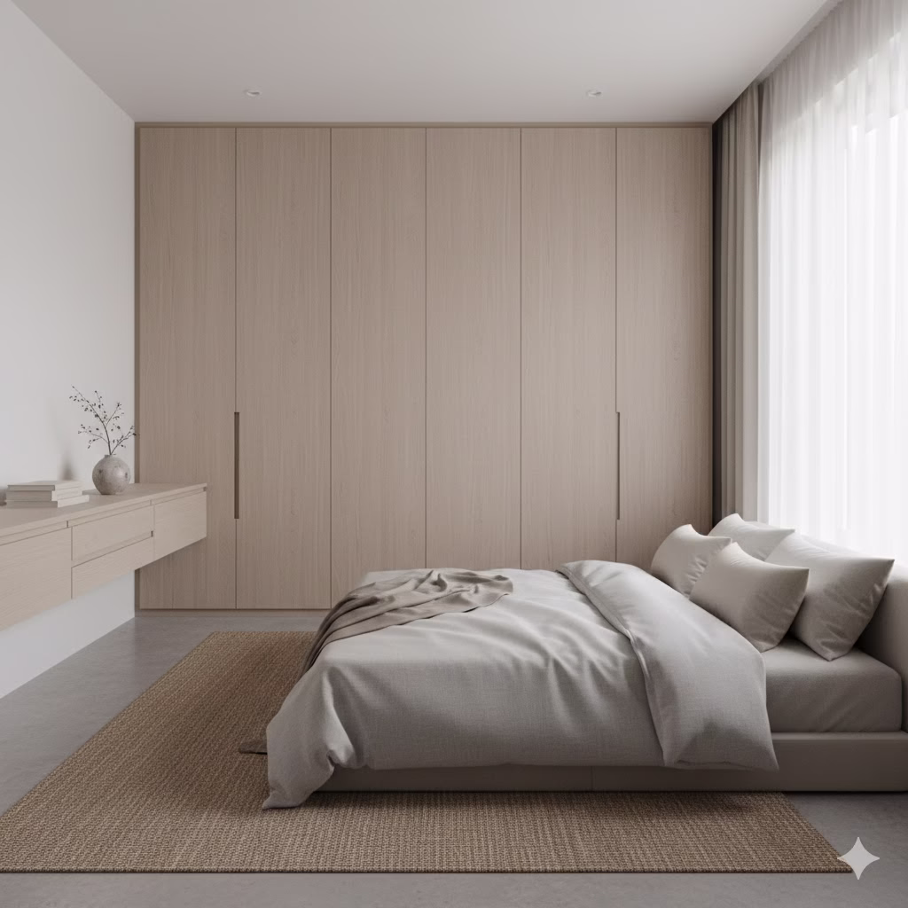 A minimalist Zen Bedroom featuring light wood paneling concealing ample closed storage, a low-profile bed with neutral linen bedding, a simple floating side console, and a jute rug, emphasizing a clean and uncluttered space.