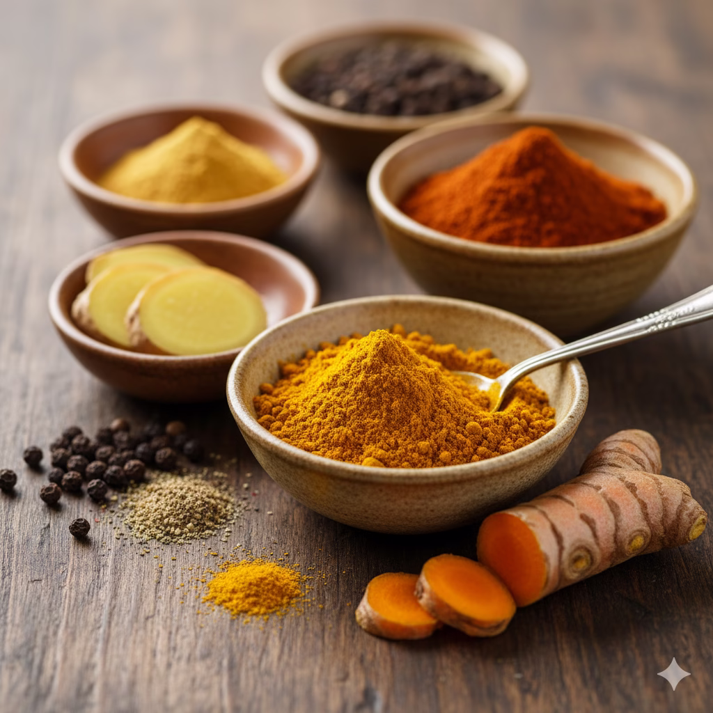 Small bowls filled with various anti-inflammatory spices on a dark wood surface, including bright yellow turmeric powder, slices of fresh ginger, red paprika, and whole black peppercorns. This image highlights key ingredients used in the 5 Simple Recipes for back pain relief.