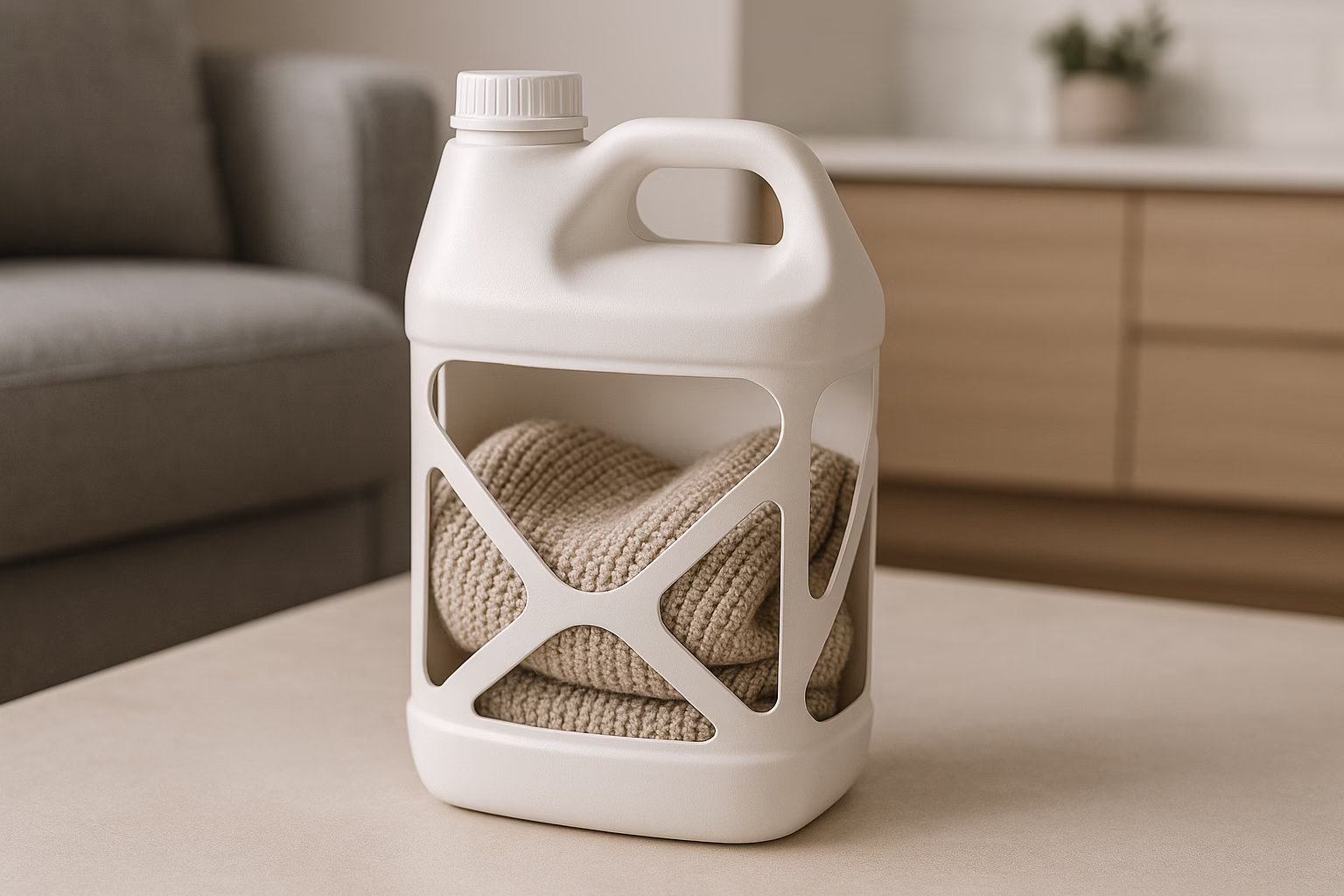 Modern white plastic jug Upcycled into Plastic Jugs storage container with a clean, geometric cut-out design, holding a neatly folded knit blanket.